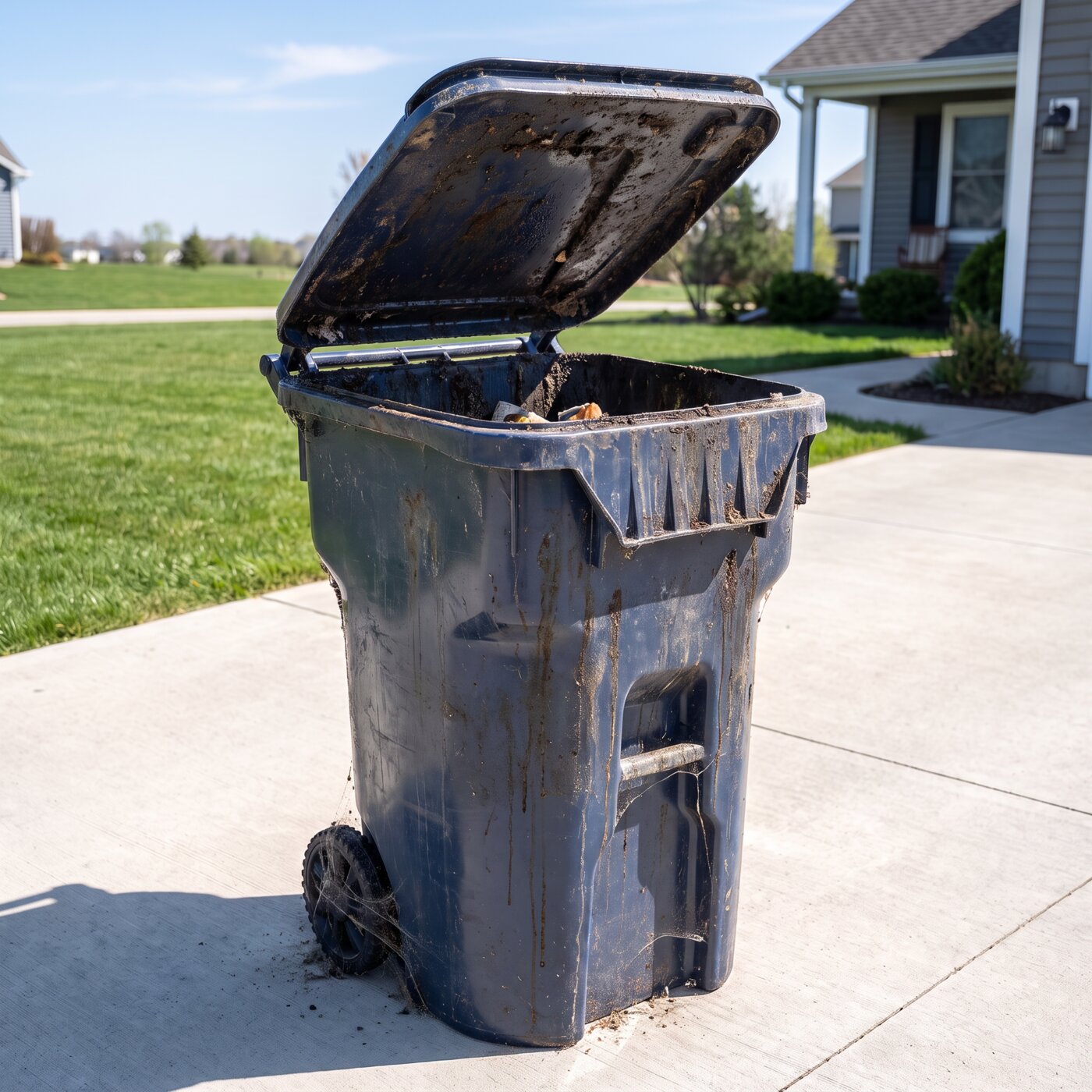 Dirty, grimy trash bin before cleaning