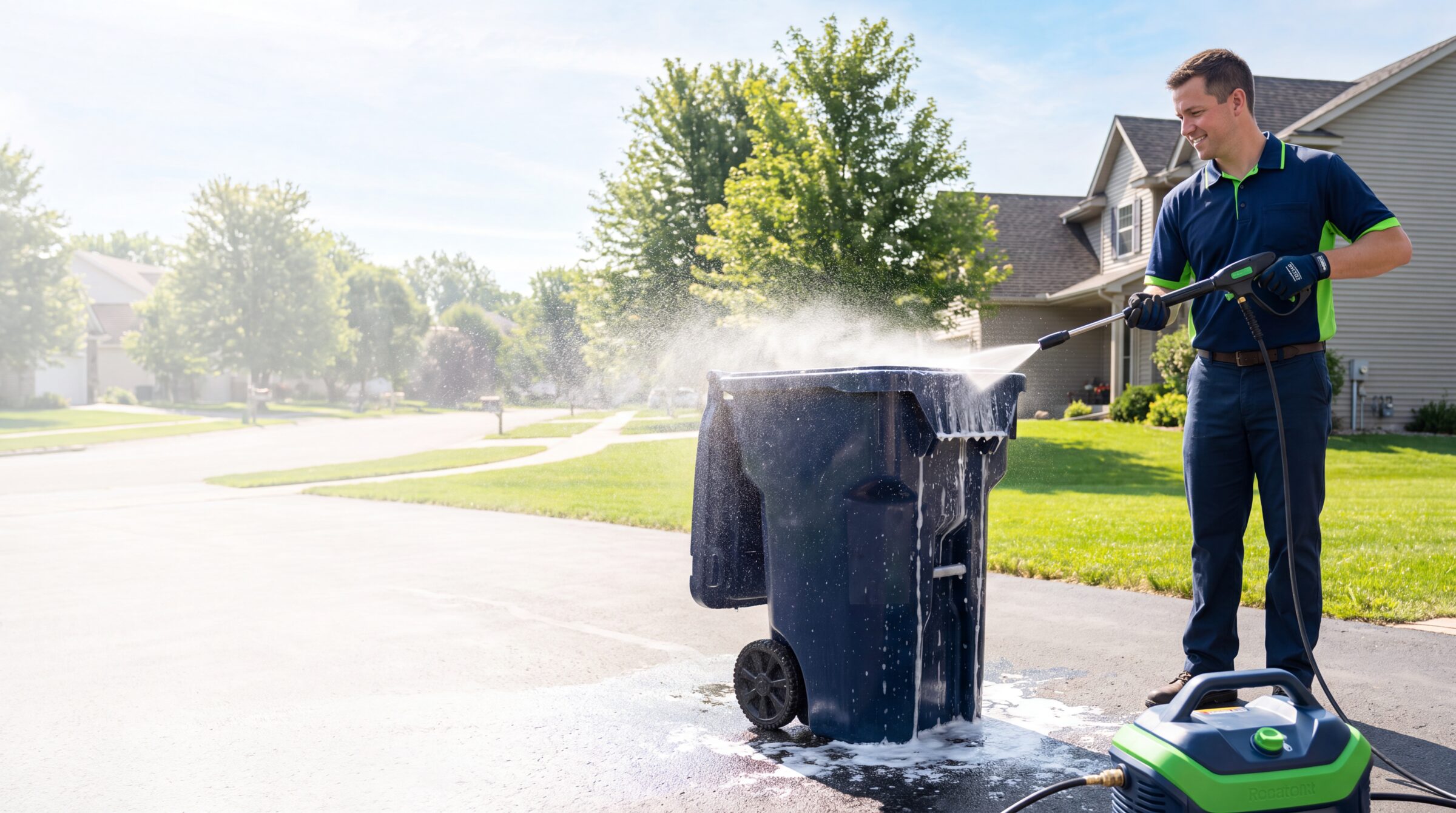 Bin Dirty technician pressure-washing a trash bin at a Minneapolis home