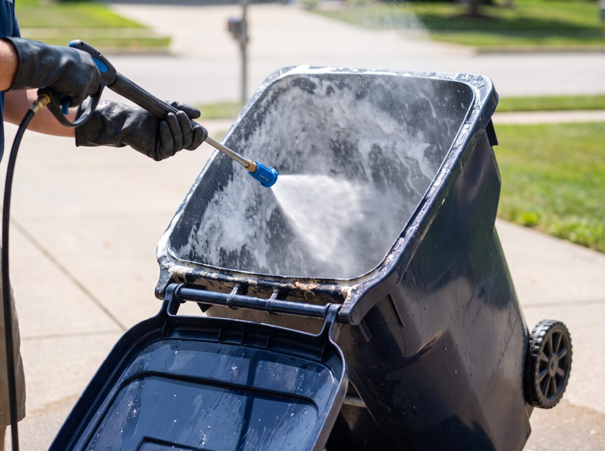 High-pressure washing the inside of a bin